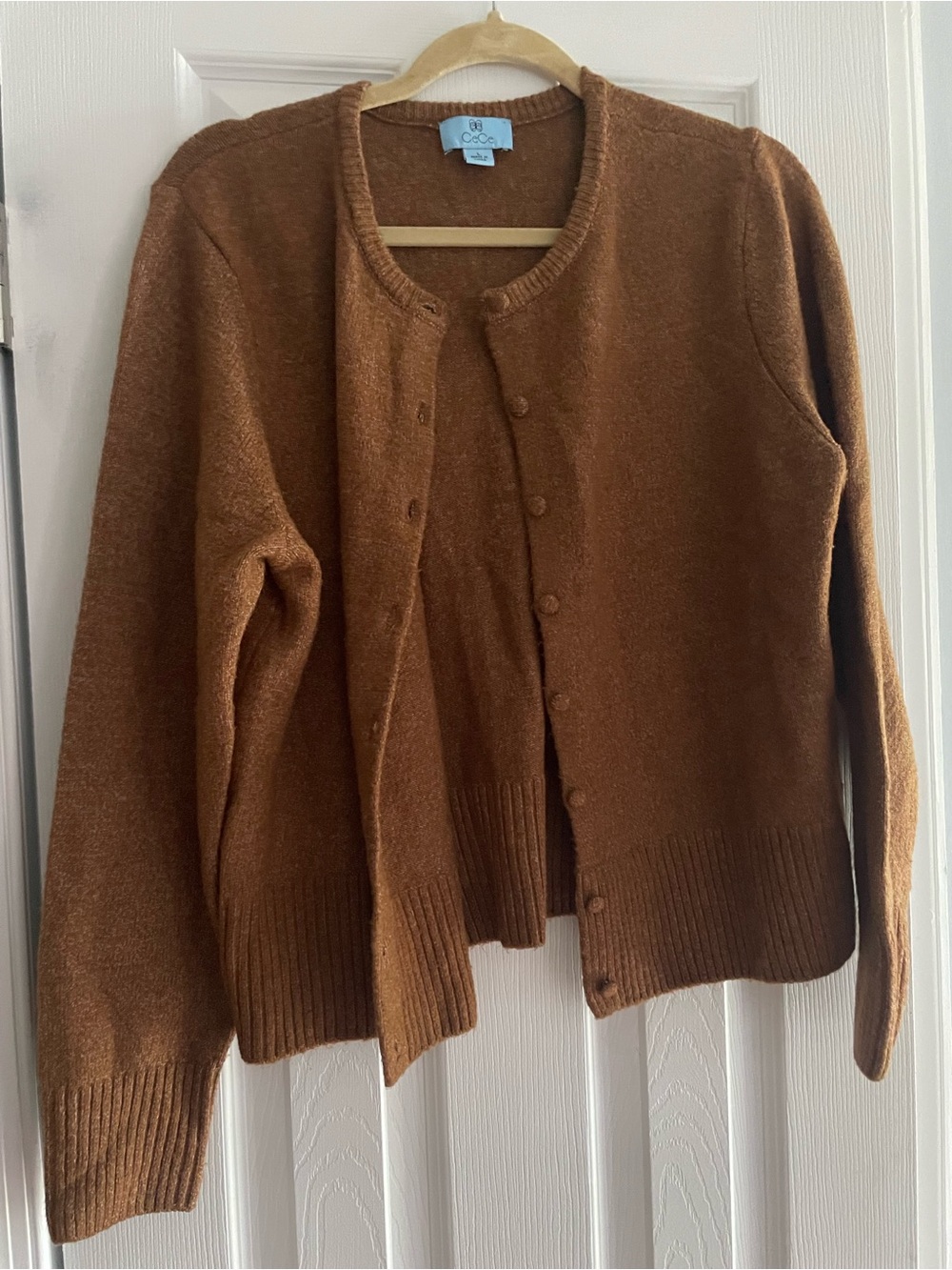 CeCe Brown Button-Front Crewneck Cardigan